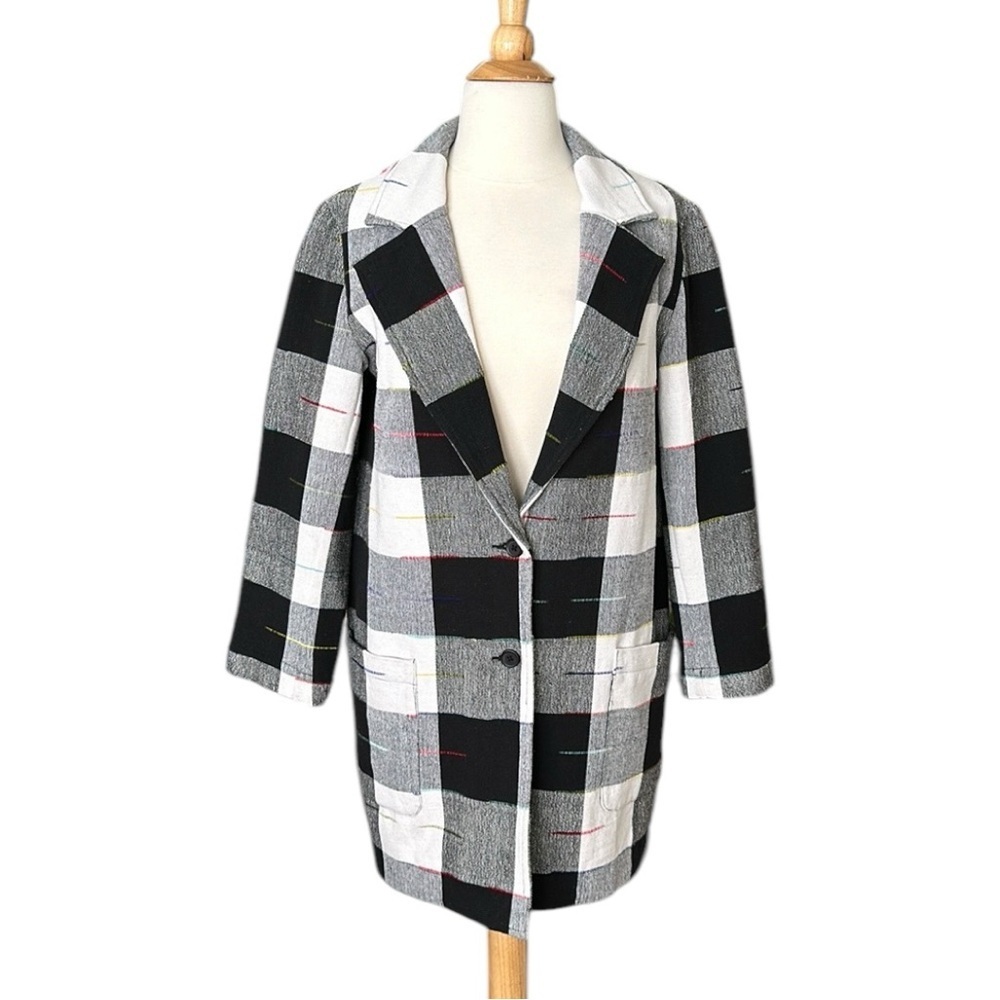 THE ODELLS for Anthropologie Cairo Plaid Jacket Black White Cotton Mid Length S
